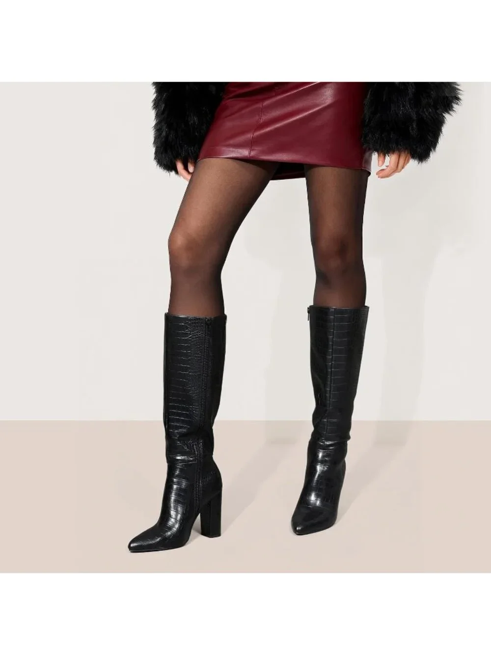 Women's Black Faux Leather Chunky Heel Pointed Toe Side Zipper Knee High Boots